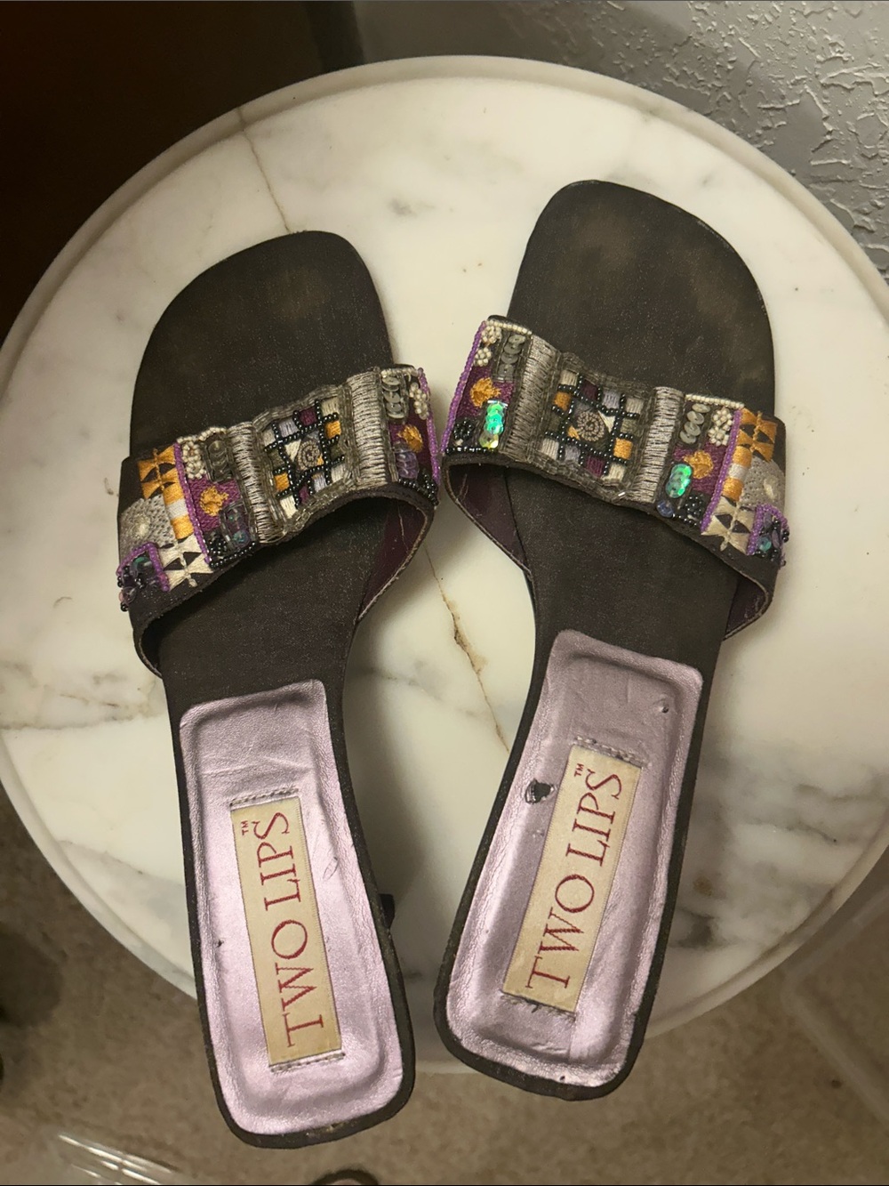 Two Lips Brown Beaded Embellished Slide Mules. 10